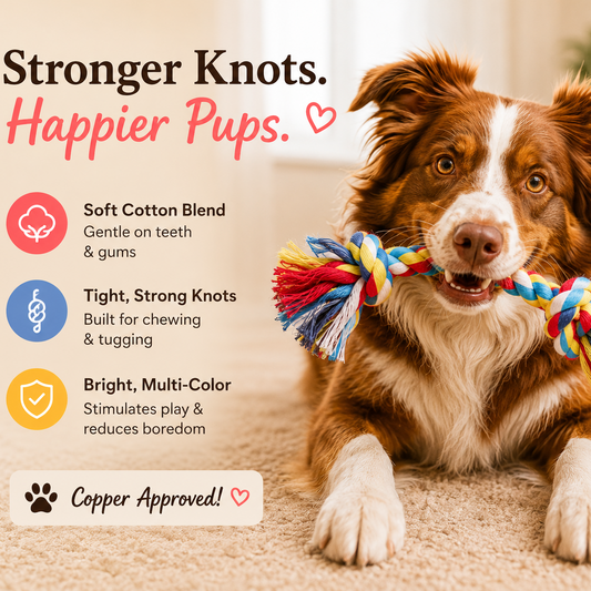 Dog playing with a colorful rope toy on a carpeted floor.